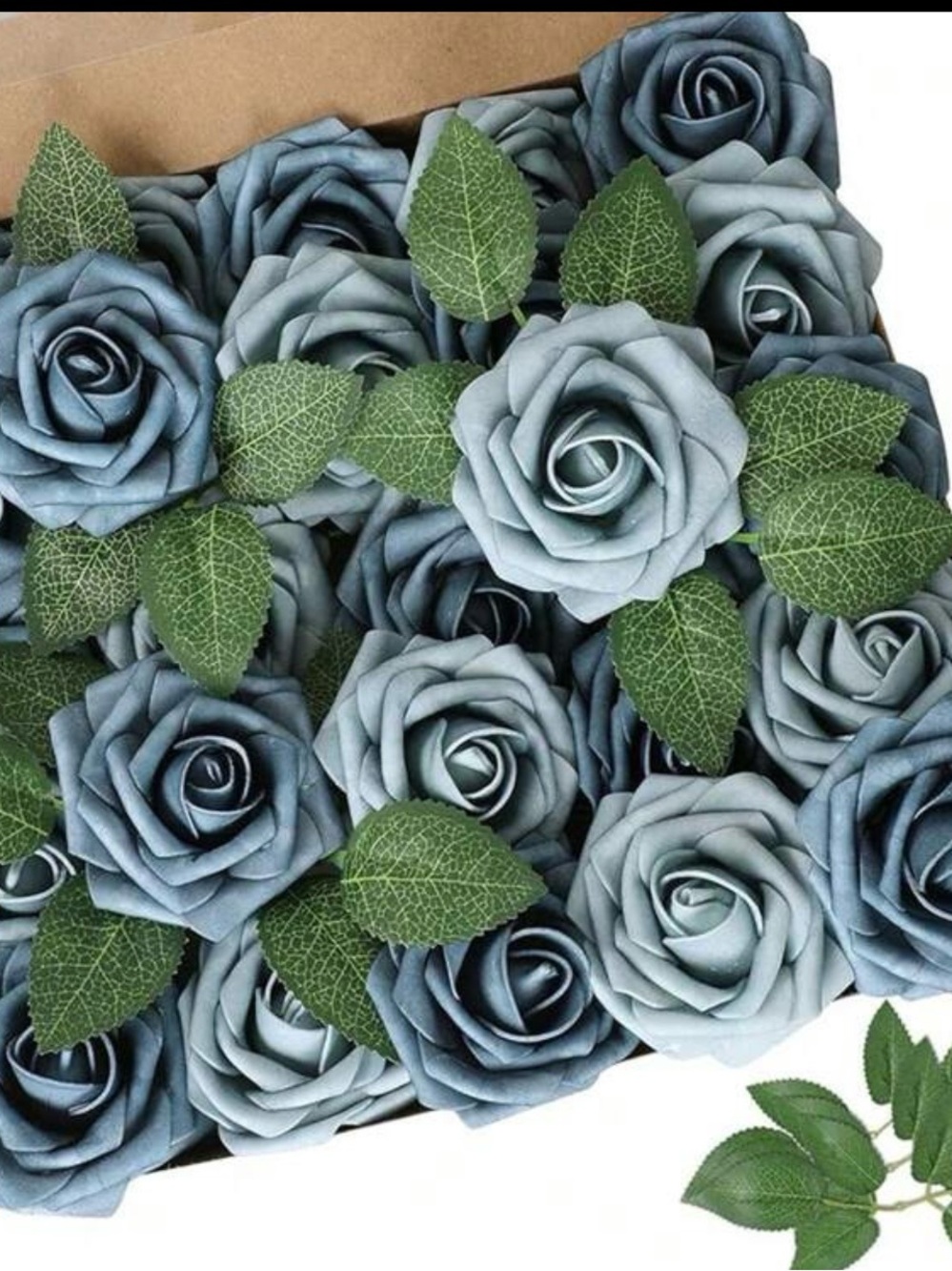 48 Faux Blue Roses with Green Leaves